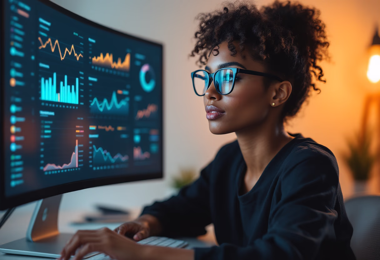 Woman analyzing business insights with data analytics software